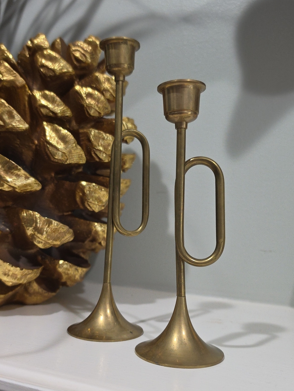 Brass Trumpet-Style Candlestick Holders - Set of 2